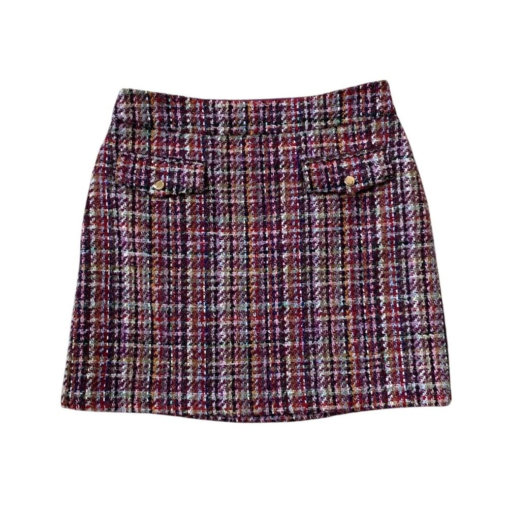 LOFT Classic Burgundy Multicolor Tweed Mini Skirt Size 8 NWT Gold Button